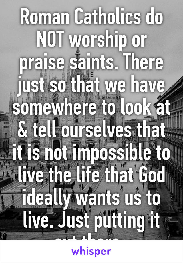 Roman Catholics do NOT worship or praise saints. There just so that we have somewhere to look at & tell ourselves that it is not impossible to live the life that God ideally wants us to live. Just putting it out there. 