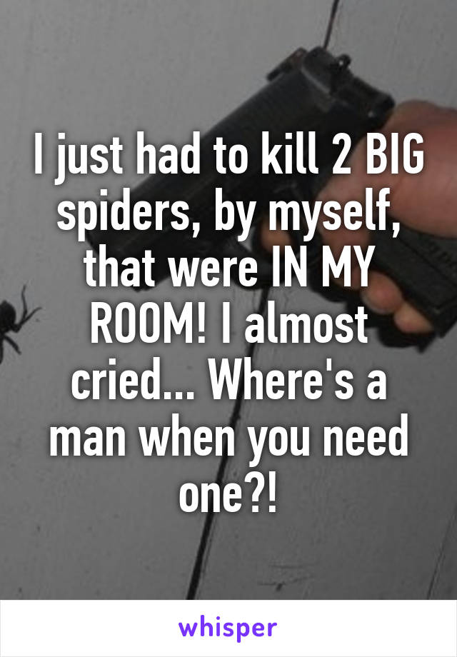 I just had to kill 2 BIG spiders, by myself, that were IN MY ROOM! I almost cried... Where's a man when you need one?!