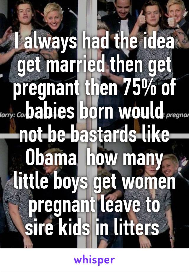 I always had the idea get married then get pregnant then 75% of babies born would not be bastards like Obama  how many little boys get women pregnant leave to sire kids in litters 