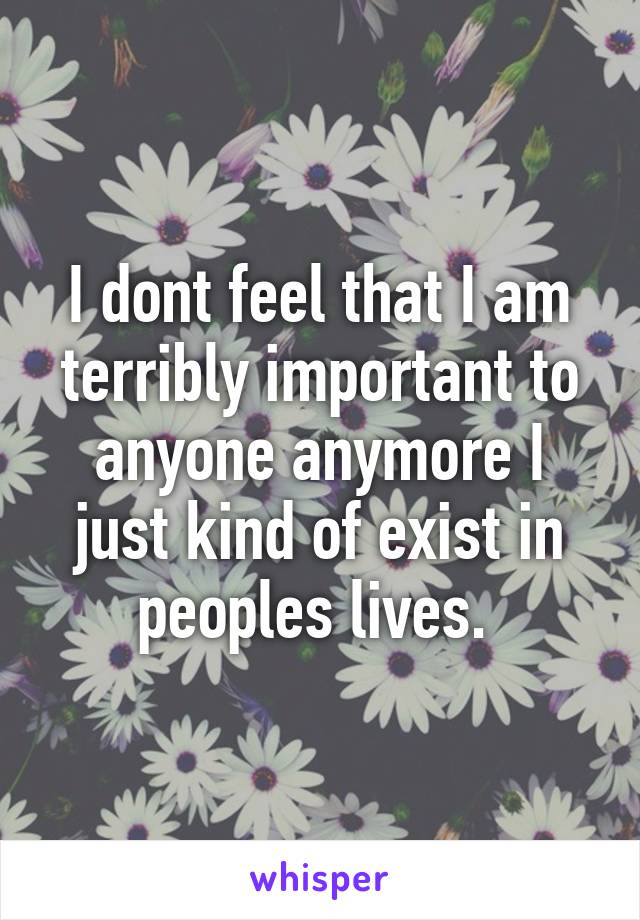 I dont feel that I am terribly important to anyone anymore I just kind of exist in peoples lives. 