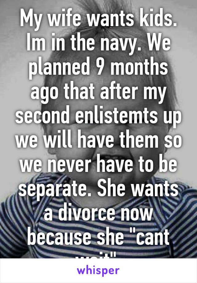 My wife wants kids. Im in the navy. We planned 9 months ago that after my second enlistemts up we will have them so we never have to be separate. She wants a divorce now because she "cant wait".