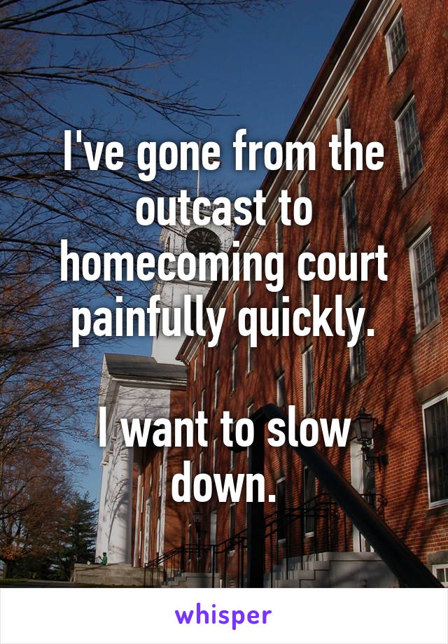 I've gone from the outcast to homecoming court painfully quickly.

I want to slow down.