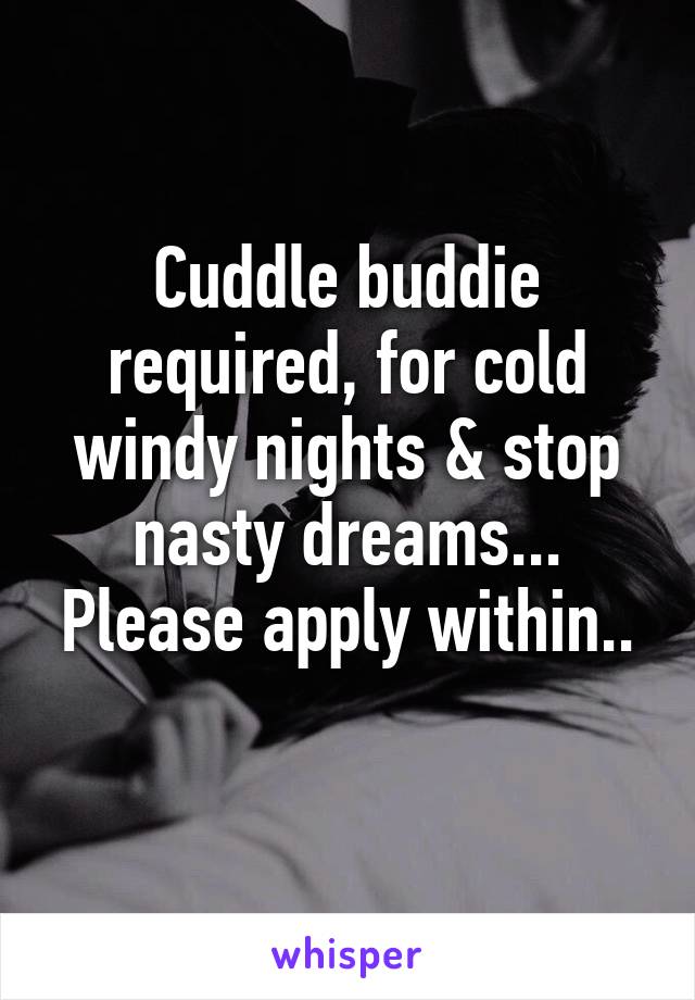 Cuddle buddie required, for cold windy nights & stop nasty dreams... Please apply within..
