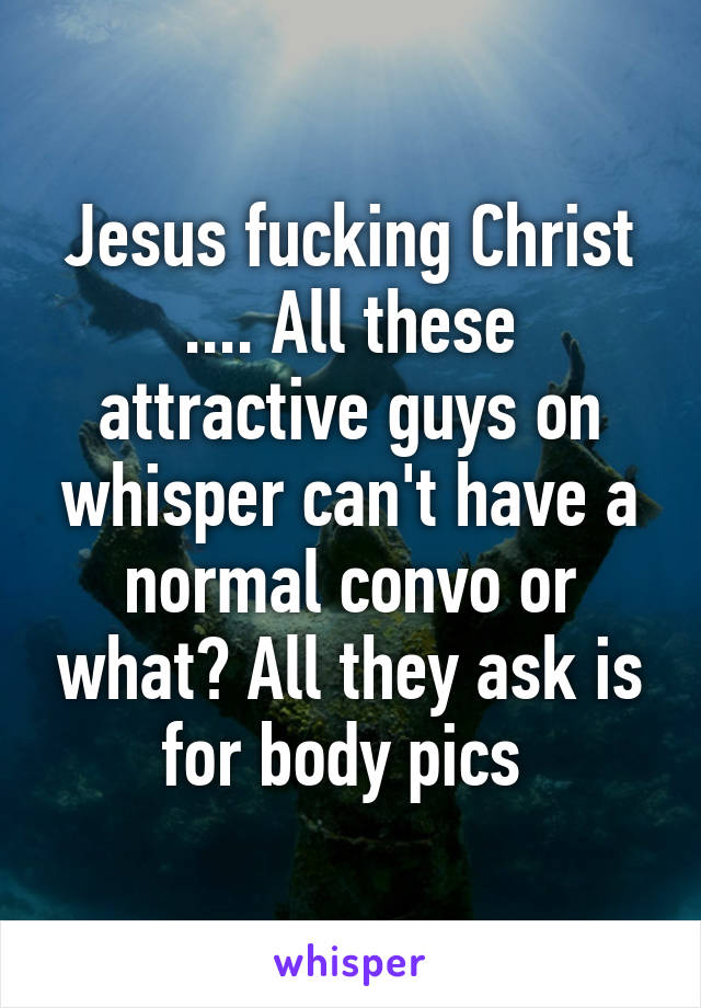 Jesus fucking Christ .... All these attractive guys on whisper can't have a normal convo or what? All they ask is for body pics 