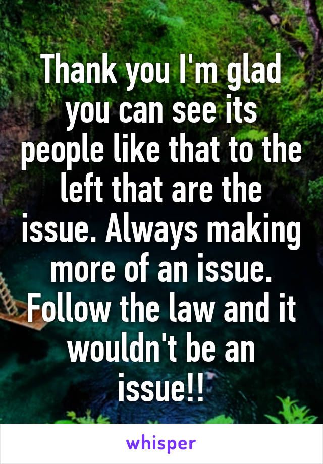 Thank you I'm glad you can see its people like that to the left that are the issue. Always making more of an issue. Follow the law and it wouldn't be an issue!!