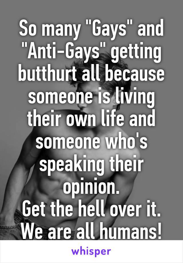 So many "Gays" and "Anti-Gays" getting butthurt all because someone is living their own life and someone who's speaking their opinion.
Get the hell over it.
We are all humans!