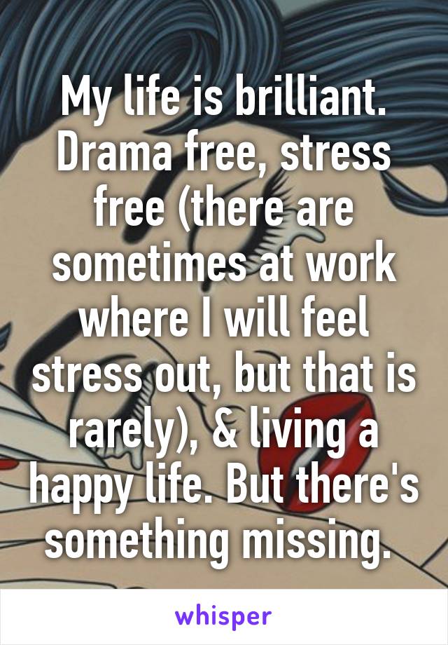 My life is brilliant. Drama free, stress free (there are sometimes at work where I will feel stress out, but that is rarely), & living a happy life. But there's something missing. 