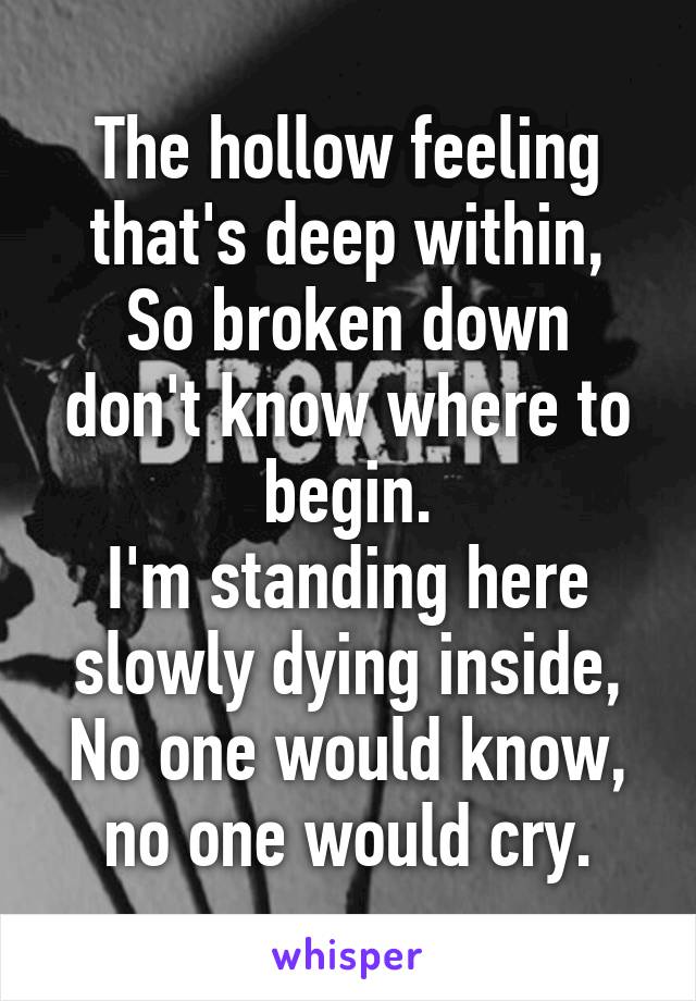 The hollow feeling that's deep within,
So broken down don't know where to begin.
I'm standing here slowly dying inside,
No one would know, no one would cry.