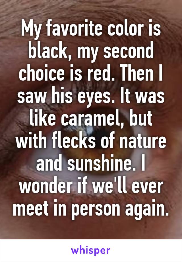 My favorite color is black, my second choice is red. Then I saw his eyes. It was like caramel, but with flecks of nature and sunshine. I wonder if we'll ever meet in person again. 