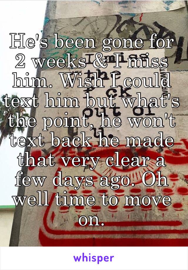 He's been gone for 2 weeks & I miss him. Wish I could text him but what's the point, he won't text back he made that very clear a few days ago. Oh well time to move on.