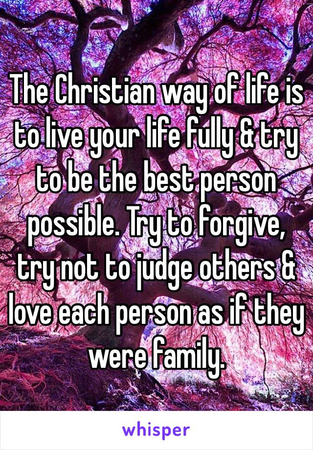 The Christian way of life is to live your life fully & try to be the best person possible. Try to forgive, try not to judge others & love each person as if they were family.