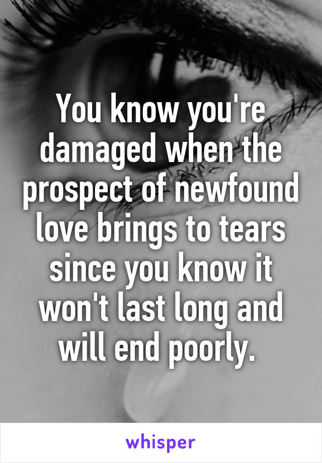 You know you're damaged when the prospect of newfound love brings to tears since you know it won't last long and will end poorly. 