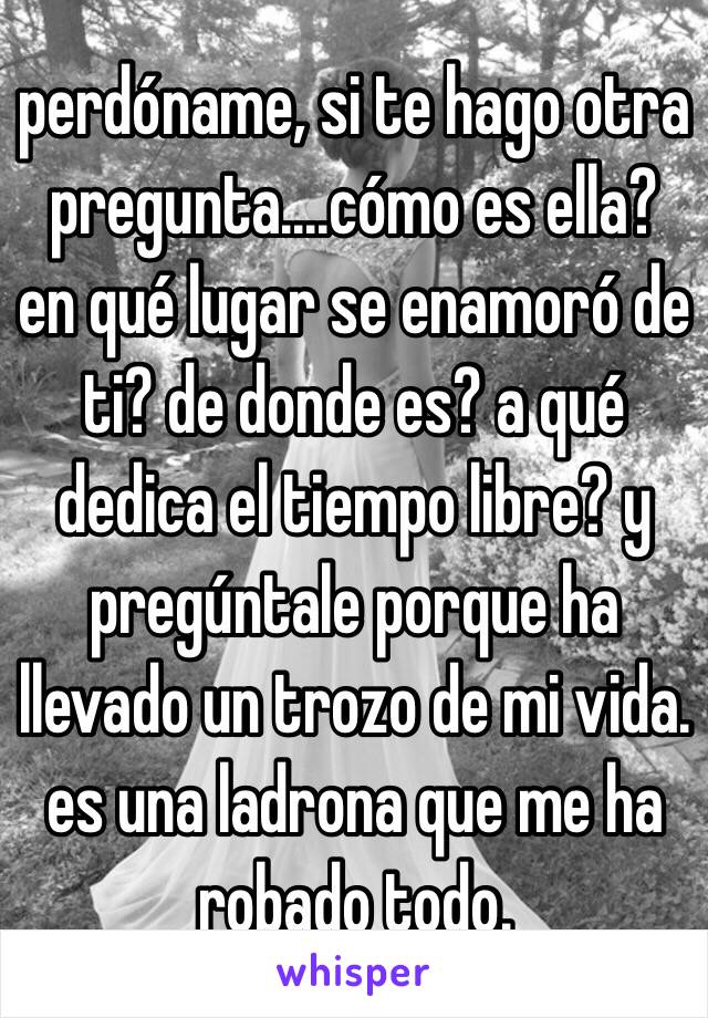 perdóname, si te hago otra pregunta....cómo es ella? en qué lugar se enamoró de ti? de donde es? a qué dedica el tiempo libre? y pregúntale porque ha llevado un trozo de mi vida. es una ladrona que me ha robado todo. 