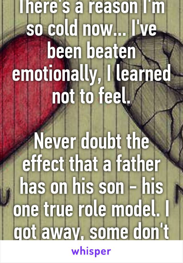 There's a reason I'm so cold now... I've been beaten emotionally, I learned not to feel.

Never doubt the effect that a father has on his son - his one true role model. I got away, some don't - scary!