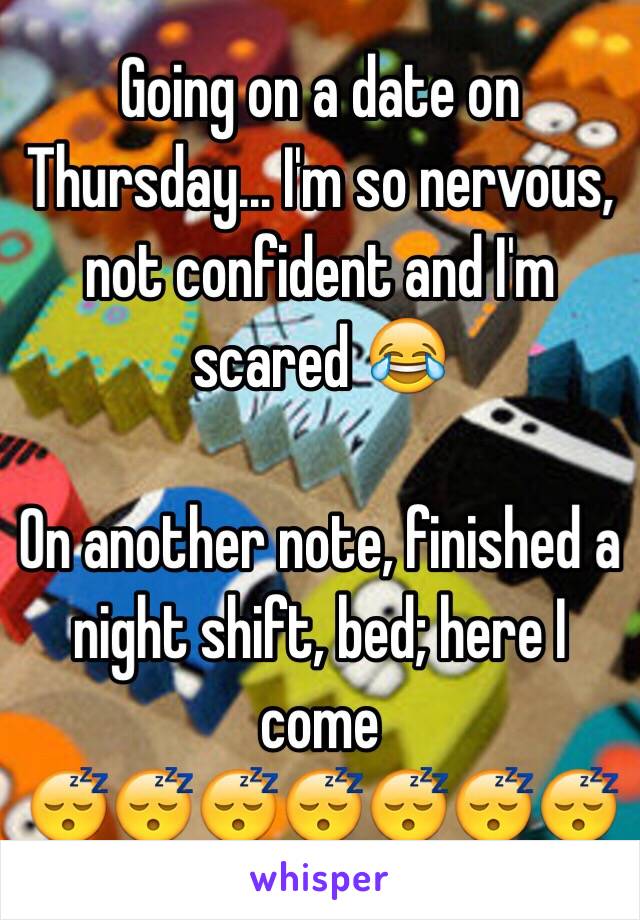 Going on a date on Thursday... I'm so nervous, not confident and I'm scared 😂

On another note, finished a night shift, bed; here I come
😴😴😴😴😴😴😴