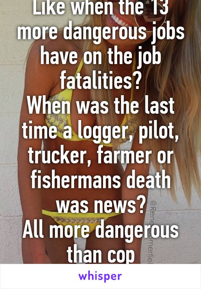 Like when the 13 more dangerous jobs have on the job fatalities?
When was the last time a logger, pilot, trucker, farmer or fishermans death was news?
All more dangerous than cop
