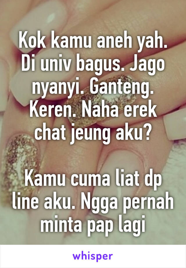 Kok kamu aneh yah. Di univ bagus. Jago nyanyi. Ganteng. Keren. Naha erek chat jeung aku?

Kamu cuma liat dp line aku. Ngga pernah minta pap lagi