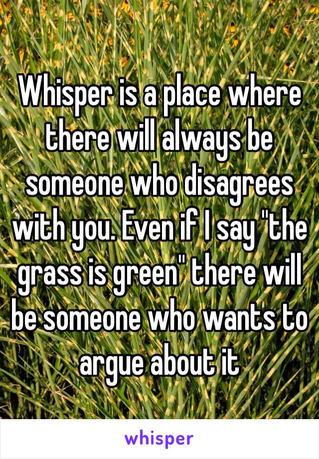 Whisper is a place where there will always be someone who disagrees with you. Even if I say "the grass is green" there will be someone who wants to argue about it 