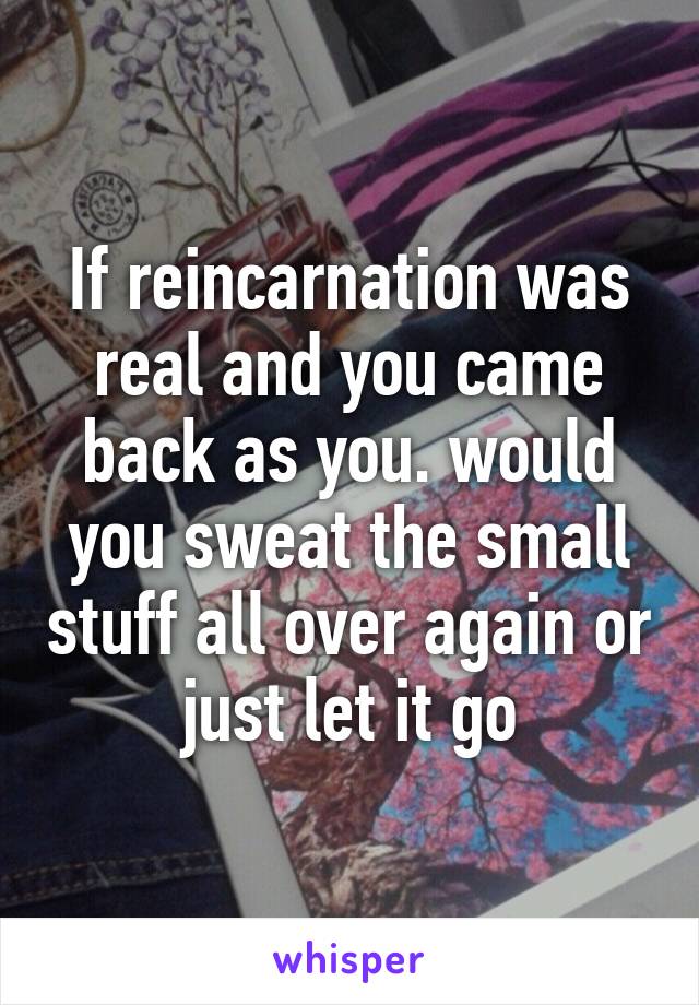 If reincarnation was real and you came back as you. would you sweat the small stuff all over again or just let it go