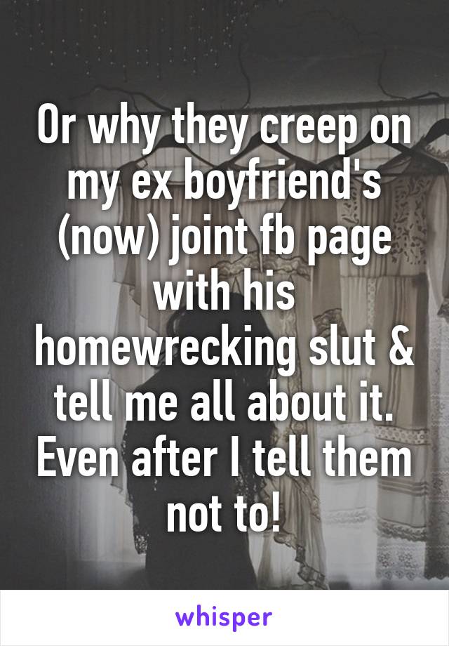 Or why they creep on my ex boyfriend's (now) joint fb page with his homewrecking slut & tell me all about it. Even after I tell them not to!