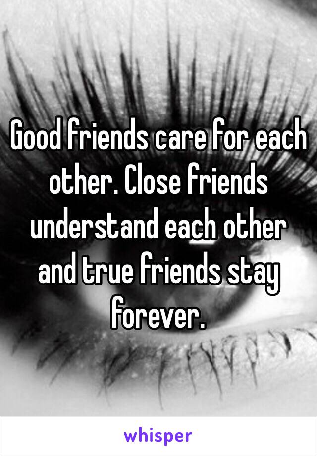 Good friends care for each other. Close friends understand each other and true friends stay forever. 