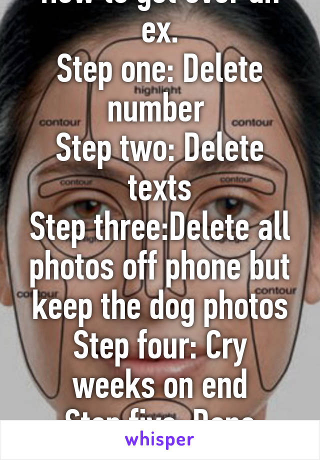 How to get over an ex.
Step one: Delete number 
Step two: Delete texts
Step three:Delete all photos off phone but keep the dog photos
Step four: Cry weeks on end
Step five: Done
