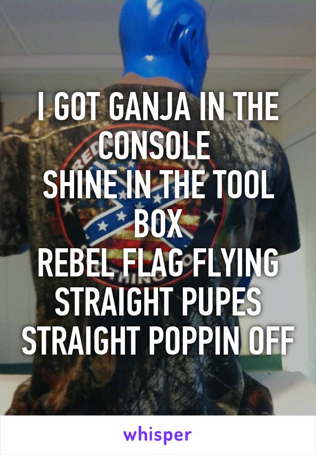 I GOT GANJA IN THE CONSOLE 
SHINE IN THE TOOL BOX
REBEL FLAG FLYING STRAIGHT PUPES STRAIGHT POPPIN OFF