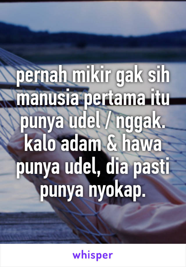 pernah mikir gak sih manusia pertama itu punya udel / nggak.
kalo adam & hawa punya udel, dia pasti punya nyokap.