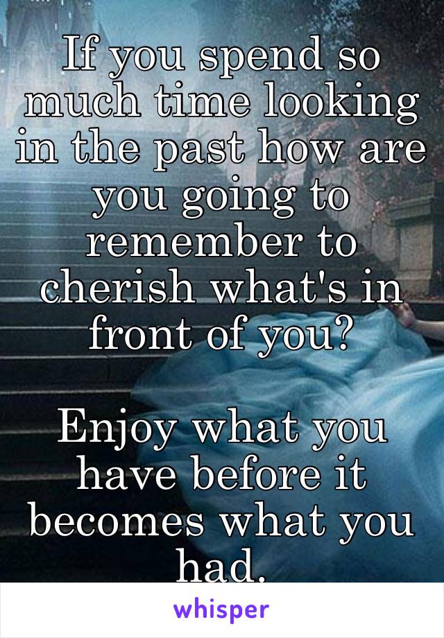 If you spend so much time looking in the past how are you going to remember to cherish what's in front of you?

Enjoy what you have before it becomes what you had.