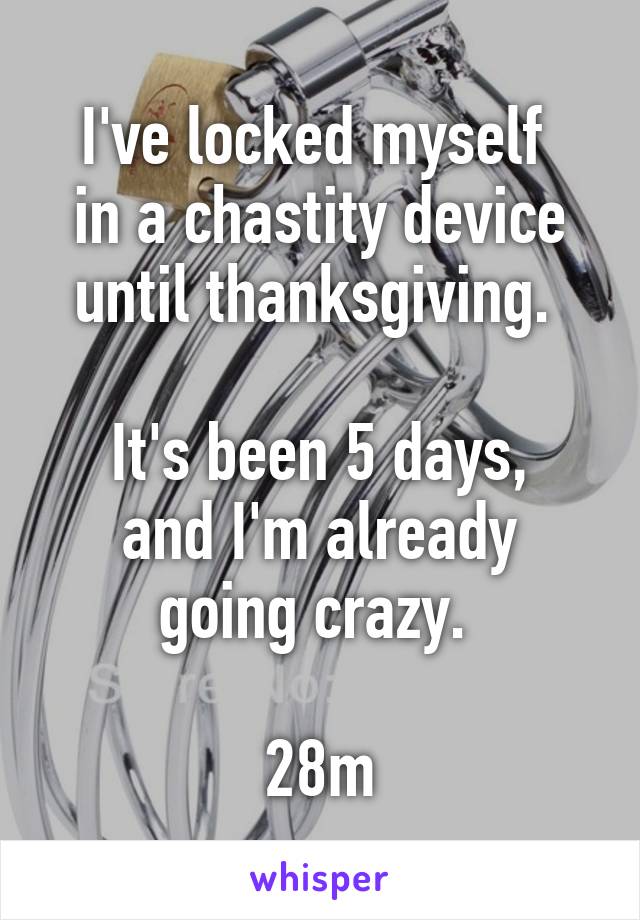 I've locked myself 
in a chastity device
until thanksgiving. 

It's been 5 days,
and I'm already going crazy. 

28m