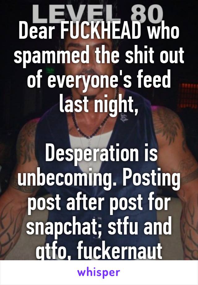 Dear FUCKHEAD who spammed the shit out of everyone's feed last night,

 Desperation is unbecoming. Posting post after post for snapchat; stfu and gtfo, fuckernaut