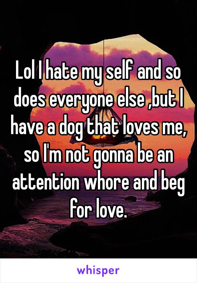 Lol I hate my self and so does everyone else ,but I have a dog that loves me, so I'm not gonna be an attention whore and beg for love. 