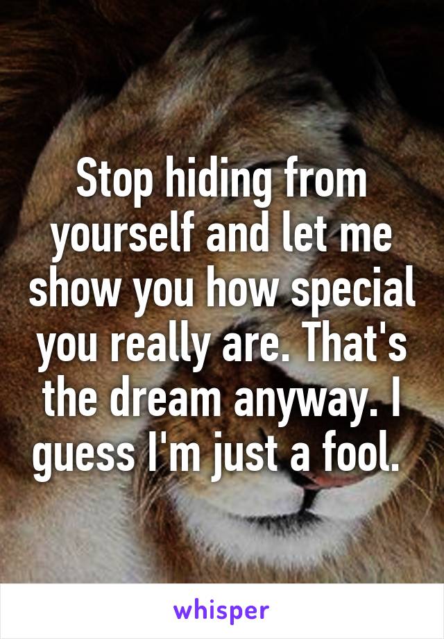 Stop hiding from yourself and let me show you how special you really are. That's the dream anyway. I guess I'm just a fool. 