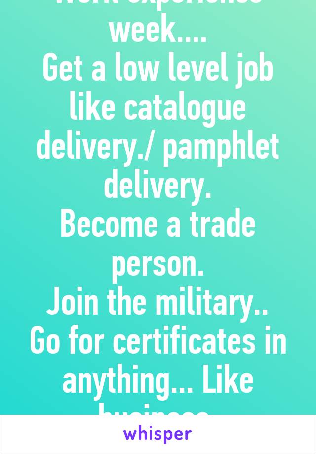 Work experience week....
Get a low level job like catalogue delivery./ pamphlet delivery.
Become a trade person.
Join the military..
Go for certificates in anything... Like business, hospitality....