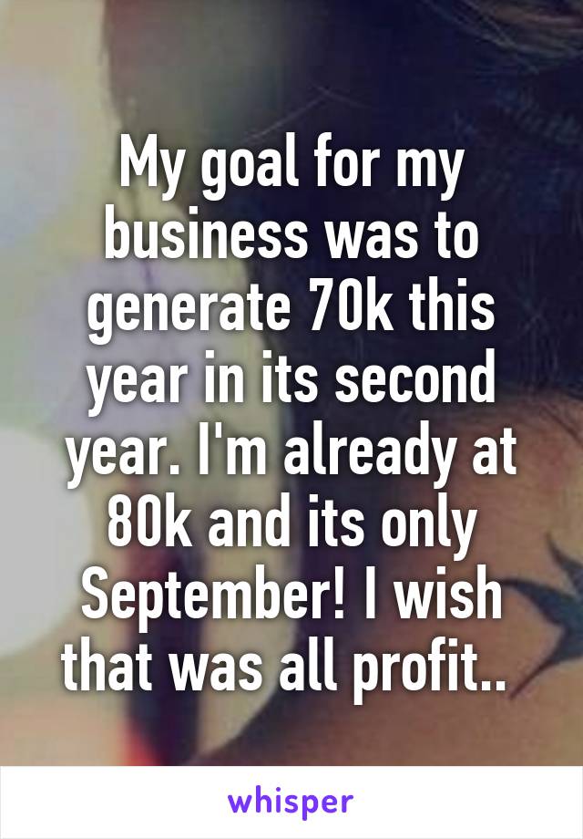 My goal for my business was to generate 70k this year in its second year. I'm already at 80k and its only September! I wish that was all profit.. 