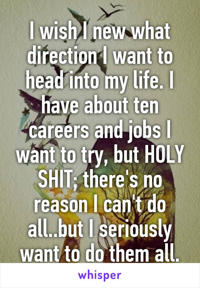 I wish I new what direction I want to head into my life. I have about ten careers and jobs I want to try, but HOLY SHIT; there's no reason I can't do all..but I seriously want to do them all.