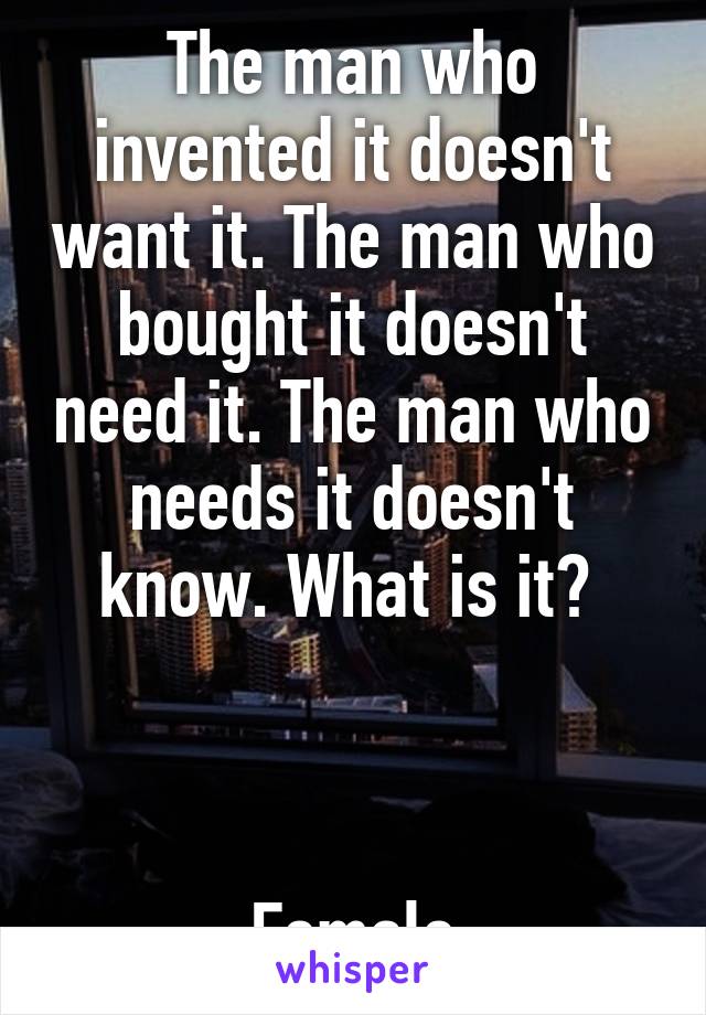 The man who invented it doesn't want it. The man who bought it doesn't need it. The man who needs it doesn't know. What is it? 



Female