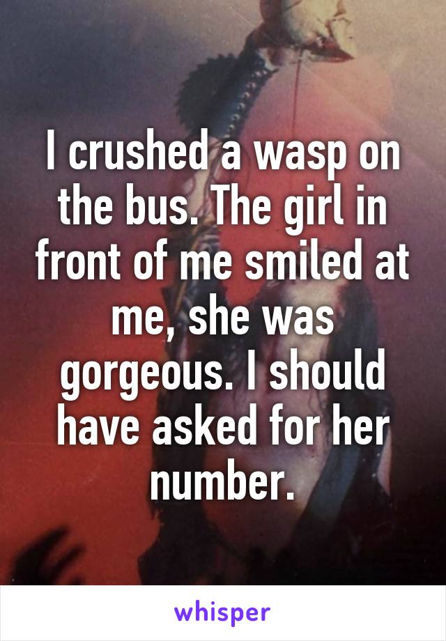 I crushed a wasp on the bus. The girl in front of me smiled at me, she was gorgeous. I should have asked for her number.