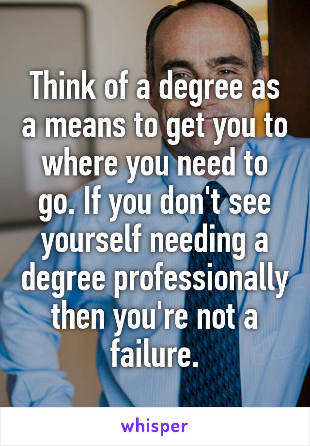 Think of a degree as a means to get you to where you need to go. If you don't see yourself needing a degree professionally then you're not a failure.