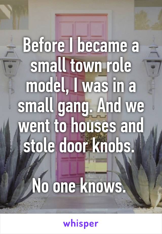 Before I became a small town role model, I was in a small gang. And we went to houses and stole door knobs. 

No one knows. 