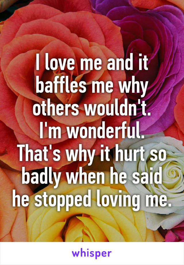 I love me and it baffles me why others wouldn't.
I'm wonderful.
That's why it hurt so badly when he said he stopped loving me.