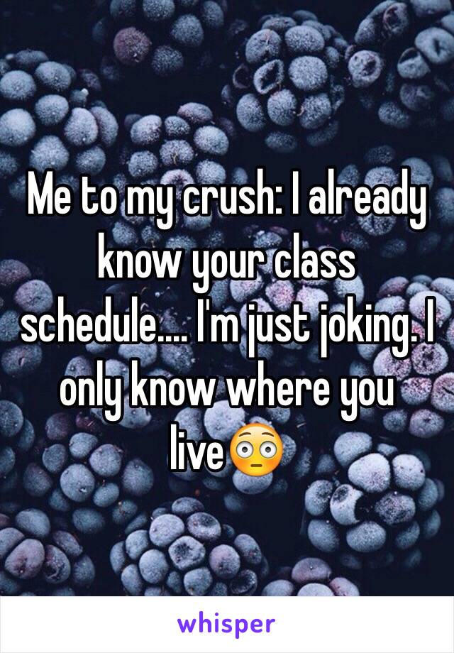 Me to my crush: I already know your class schedule.... I'm just joking. I only know where you live😳