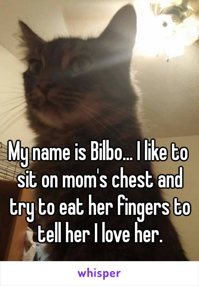 My name is Bilbo... I like to sit on mom's chest and try to eat her fingers to tell her I love her.