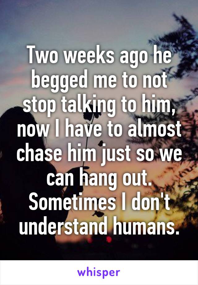 Two weeks ago he begged me to not stop talking to him, now I have to almost chase him just so we can hang out. Sometimes I don't understand humans.