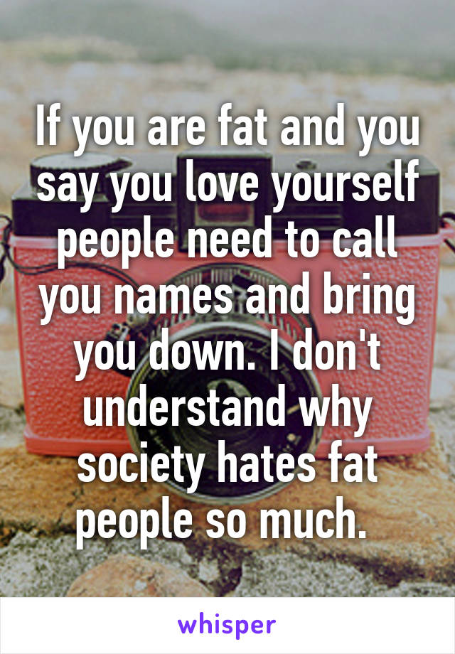 If you are fat and you say you love yourself people need to call you names and bring you down. I don't understand why society hates fat people so much. 