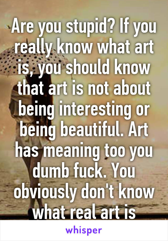 Are you stupid? If you really know what art is, you should know that art is not about being interesting or being beautiful. Art has meaning too you dumb fuck. You obviously don't know what real art is