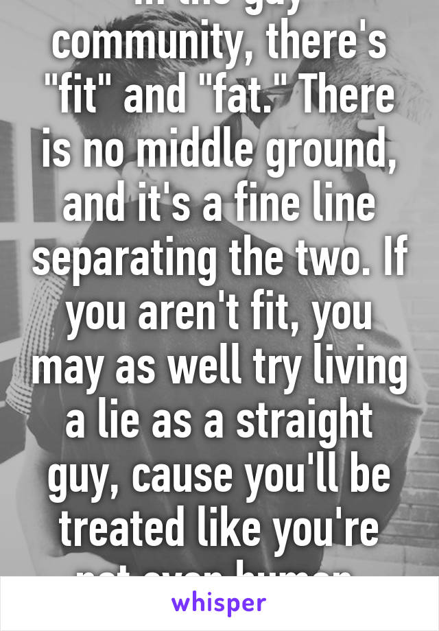 In the gay community, there's "fit" and "fat." There is no middle ground, and it's a fine line separating the two. If you aren't fit, you may as well try living a lie as a straight guy, cause you'll be treated like you're not even human. Trust me.