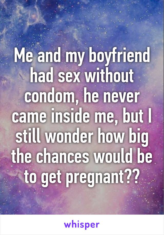 Me and my boyfriend had sex without condom, he never came inside me, but I still wonder how big the chances would be to get pregnant??