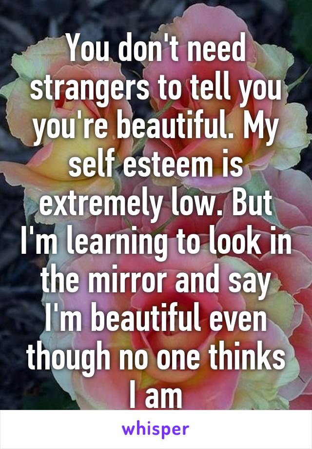 You don't need strangers to tell you you're beautiful. My self esteem is extremely low. But I'm learning to look in the mirror and say I'm beautiful even though no one thinks I am