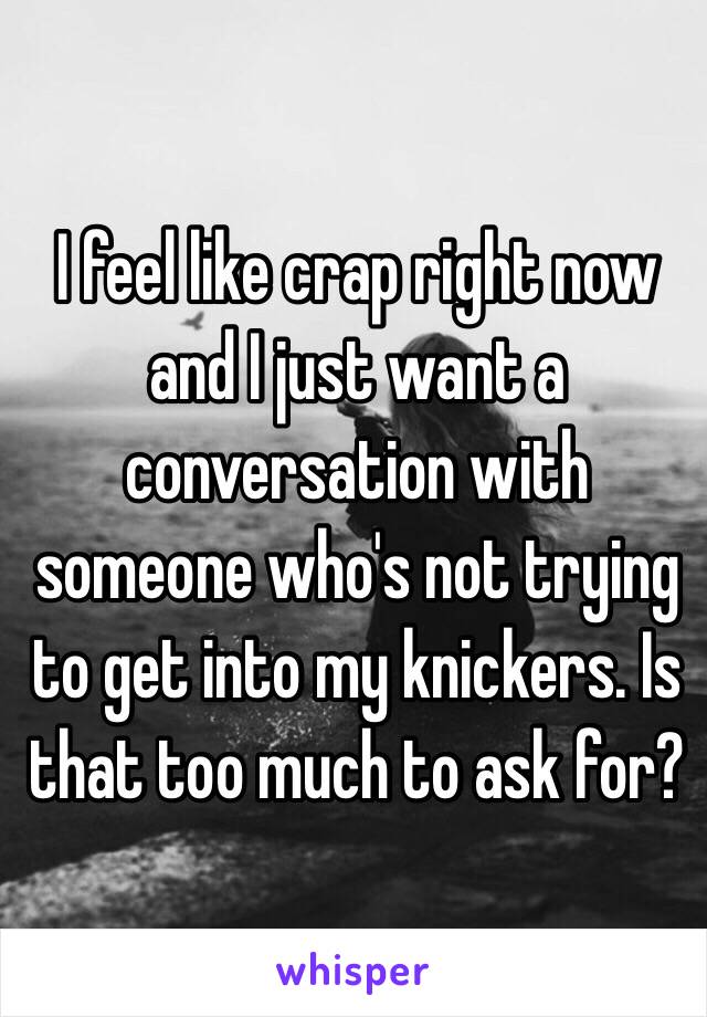 I feel like crap right now and I just want a conversation with someone who's not trying to get into my knickers. Is that too much to ask for? 